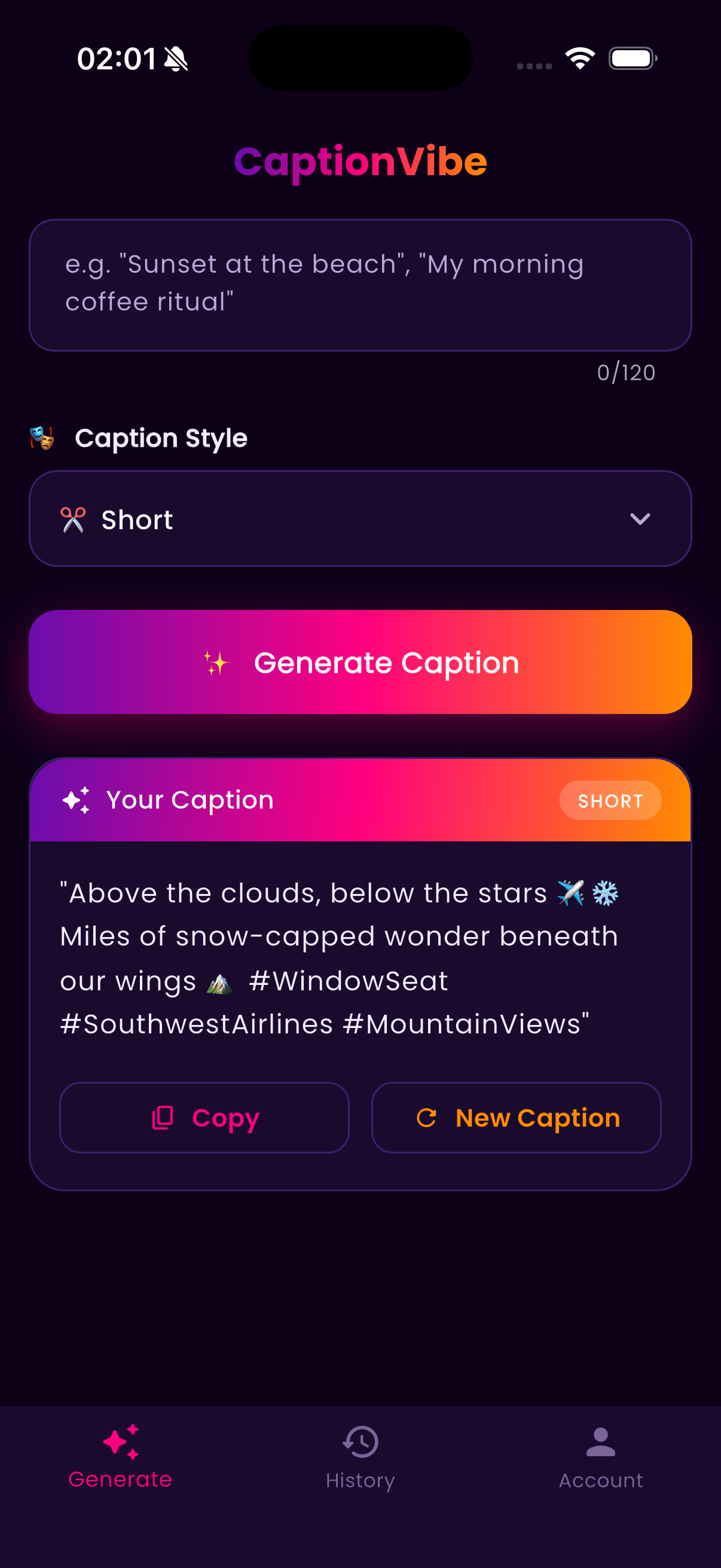 Caption Vibe app generating viral hashtags
